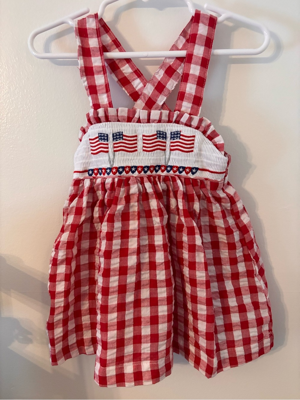 Girl’s Patriotic Honeydew Red and White Gingham Sundress with Flag Embroidery